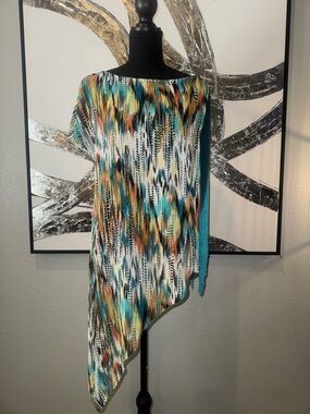 S-Twelve Multicolor Abstract Top with Fringe- Teal, Orange, Black & White